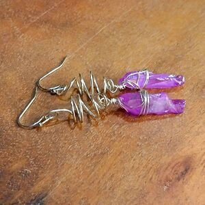 Dyed Quartz Crystal Dangle Earrings, Silver Swirl, Gemstone Iridescent Boho